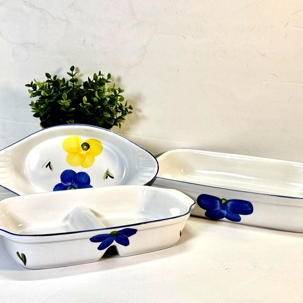 Hand Painted Portuguese Bakeware Floral Blue Yellow Divided Baker Oven To Table